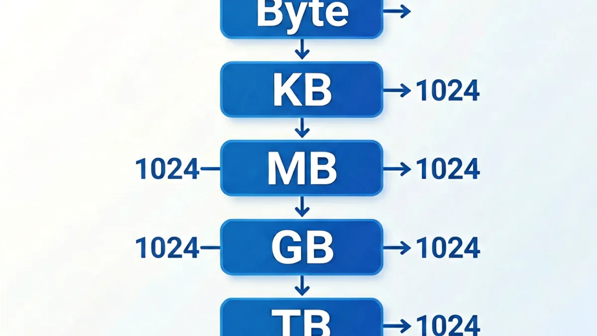 从Byte到TB的计算机存储单位层级示意图，清晰展示1024作为每一级换算基数的逻辑关系