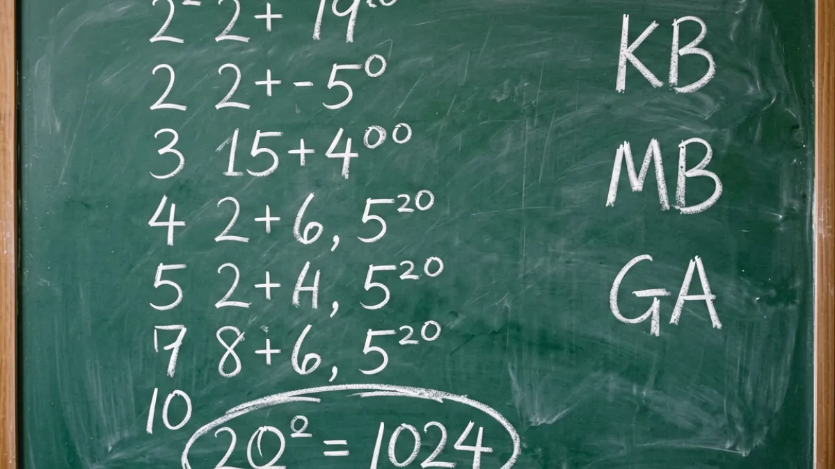 黑板上用粉笔写出2的10次方等于1024的数学推导过程，旁边列出KB MB GB的换算关系