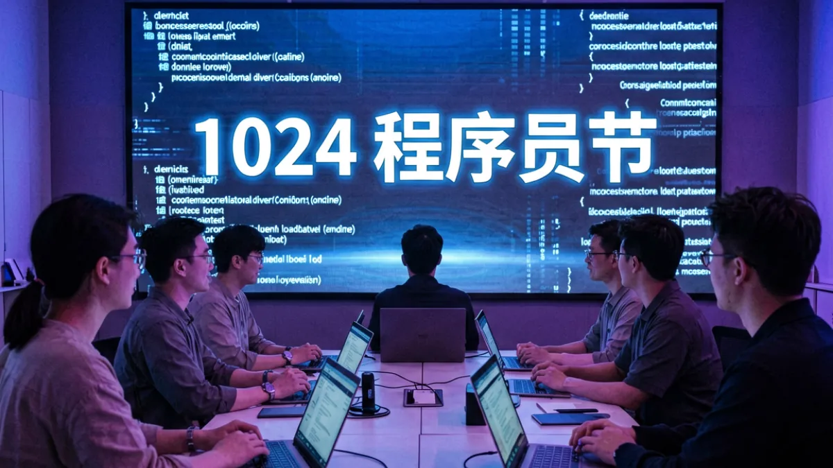 程序员们聚集在屏幕前庆祝1024程序员节，会场大屏上滚动显示代码与活动倒计时